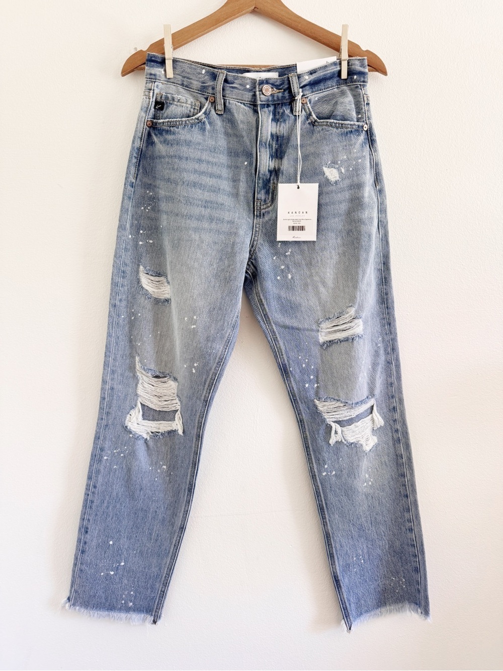 KanCan Light Wash High Rise Slim Straight Distressed Paint-Splatter NWT Size 3